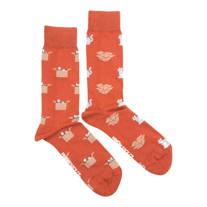 Men's Socks | Orange Cat & Box | Mismatched Socks
