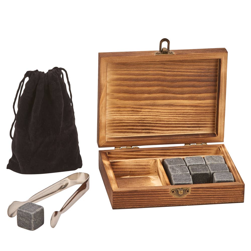 Wd Box W/Tongs, 9 Whiskey Stones & Pouch