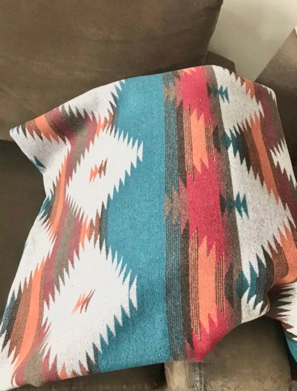 Blanket Throw In Southwest Print Orange Red Brown and Dark Turquoise